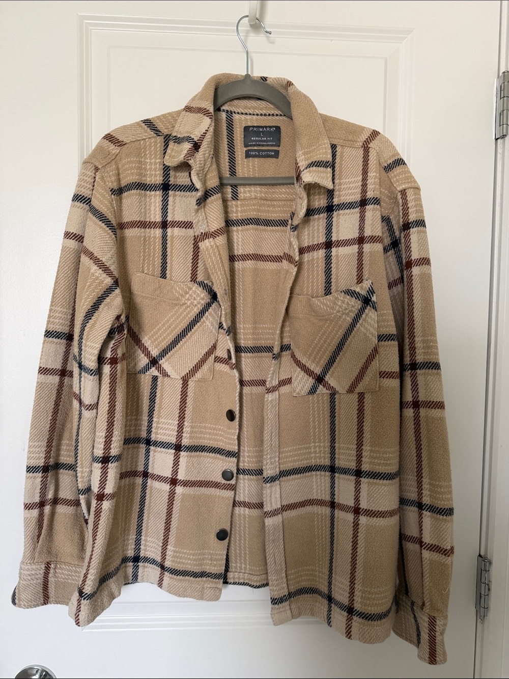 Men’s Primark Beige Plaid Utility Shacket with Black & Brown Accents - Large